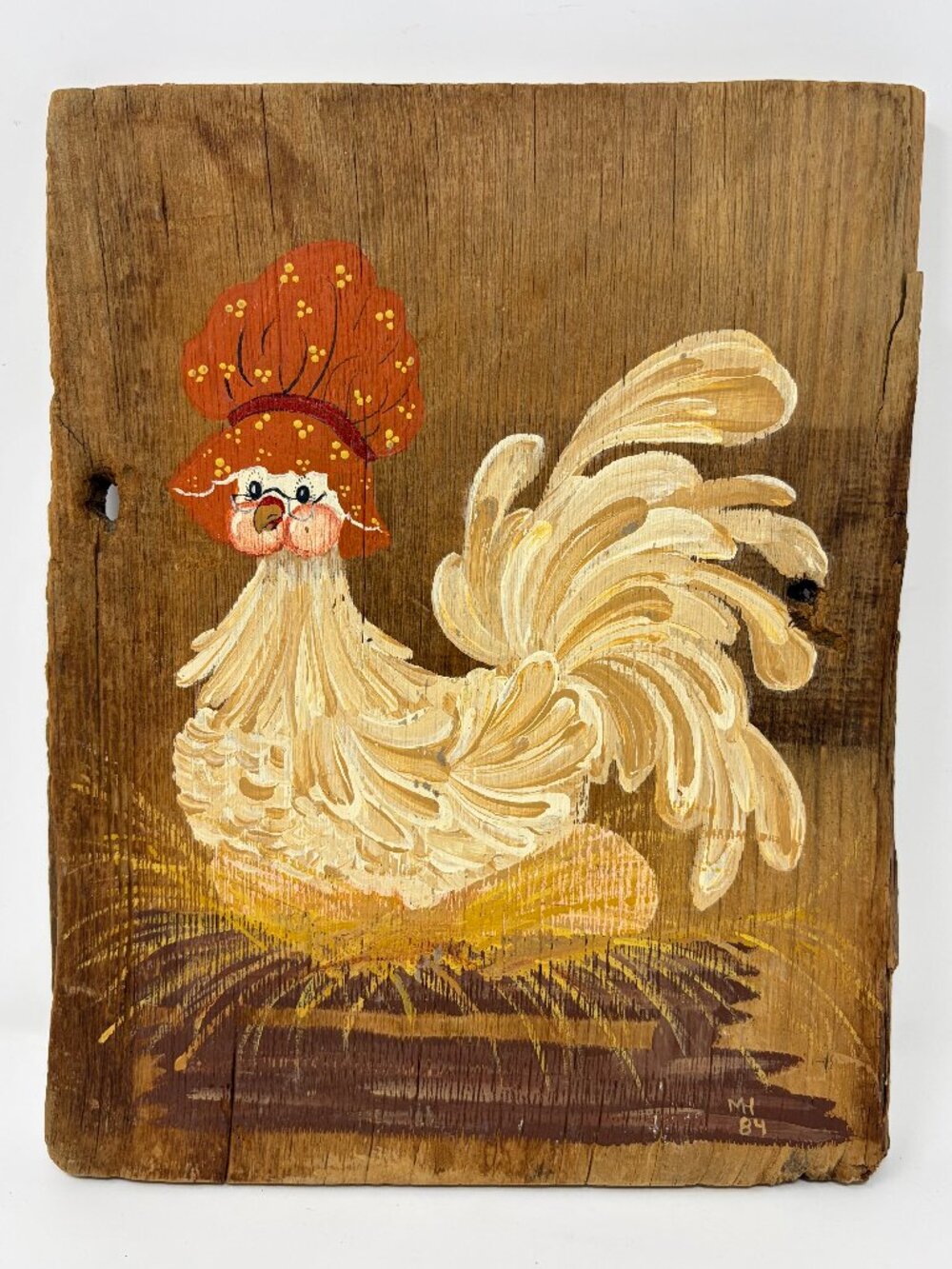 Vtg 80s Hand Painted Chicken Hen Nest Wall Art Wood Mounted Country Farmhouse